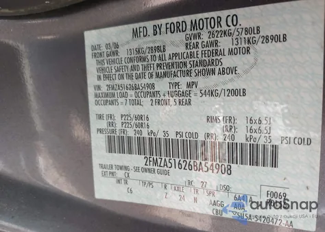 2006 Ford Freestar Se z USA, uszkodzony, nr VIN 2FMZA51626BA54908